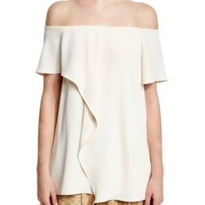 Halston Heritage off-the-shoulder asymmetrical drape front designer blouse